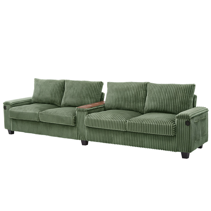 4-seater Corduroy Sofa Couch 133" Modern Sofa with USB Ports, Hidden Storage Arms, Flip-Top Cup Holders for Living Room, Green