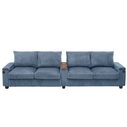 4-seater Corduroy Sofa Couch 133" Modern Sofa with USB Ports, Hidden Storage Arms, Flip-Top Cup Holders for Living Room, Blue