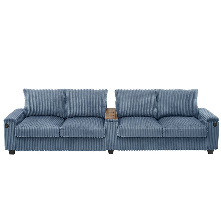 4-seater Corduroy Sofa Couch 133" Modern Sofa with USB Ports, Hidden Storage Arms, Flip-Top Cup Holders for Living Room, Blue