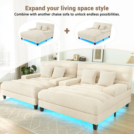 Modern Chaise Lounge Sofa 57.1" Sofa Bed Chenille Upholstered Lounge Sofa Chair with Adjustable Backrest and LED Light Strip for Living Room, Beige