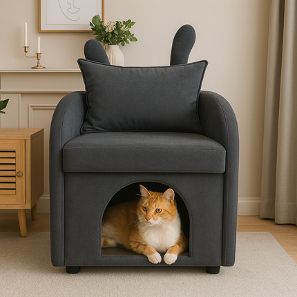 Dark Gray Bunny-Ear Pet-Friendly Armchair with Scratch-Resistant Fabric, Built-in Cat & Dog Hideaway, Dual-Use Sofa Chair with Side Pocket, 27.4 x 25.2 x 37.4 inch