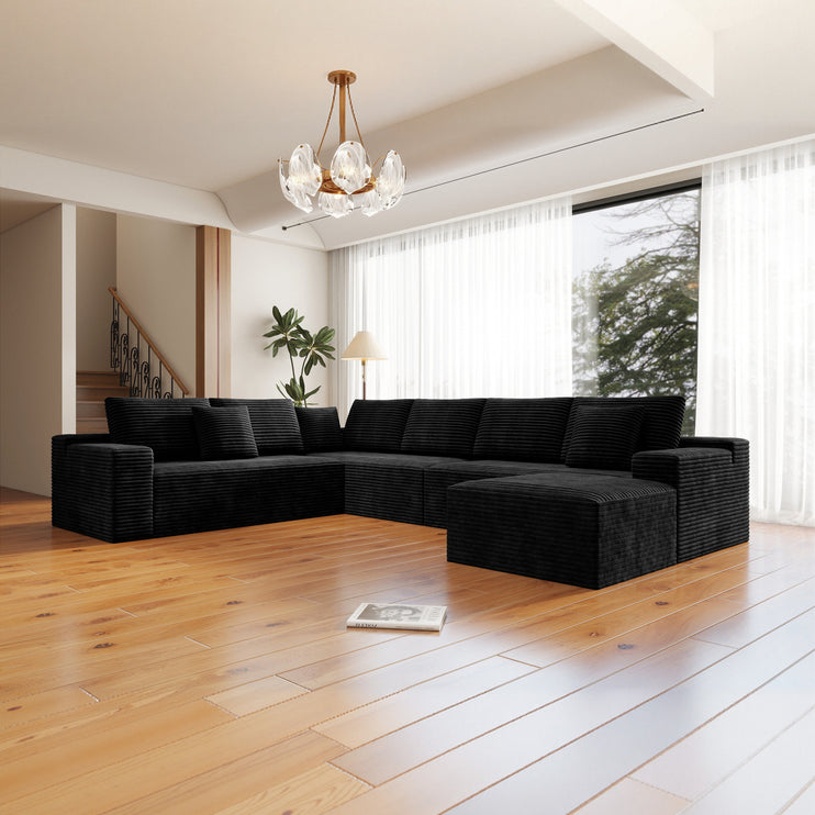 137.8*104.3"Modular sectional sofa seat,Upholstered compressed couch for living room,Bedroom,Apartment,No assembly required,4 PC free combination,Plush corduroy fabric,BLACK