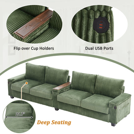 4-seater Corduroy Sofa Couch 133" Modern Sofa with USB Ports, Hidden Storage Arms, Flip-Top Cup Holders for Living Room, Green