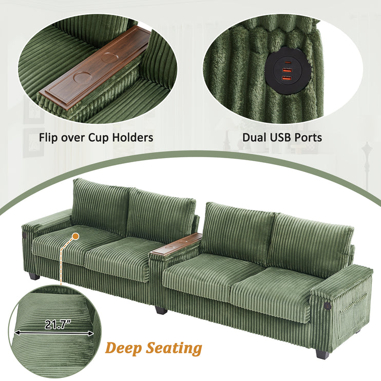 4-seater Corduroy Sofa Couch 133" Modern Sofa with USB Ports, Hidden Storage Arms, Flip-Top Cup Holders for Living Room, Green
