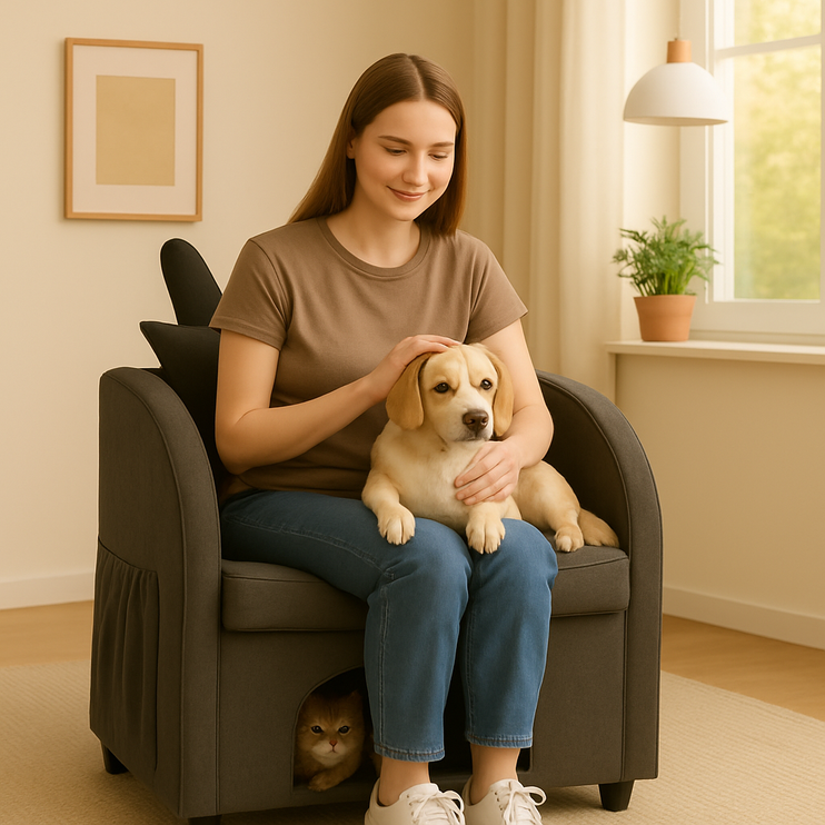 Dark Gray Bunny-Ear Pet-Friendly Armchair with Scratch-Resistant Fabric, Built-in Cat & Dog Hideaway, Dual-Use Sofa Chair with Side Pocket, 27.4 x 25.2 x 37.4 inch