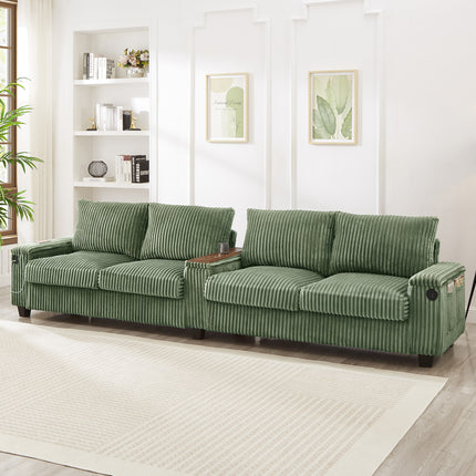 4-seater Corduroy Sofa Couch 133" Modern Sofa with USB Ports, Hidden Storage Arms, Flip-Top Cup Holders for Living Room, Green