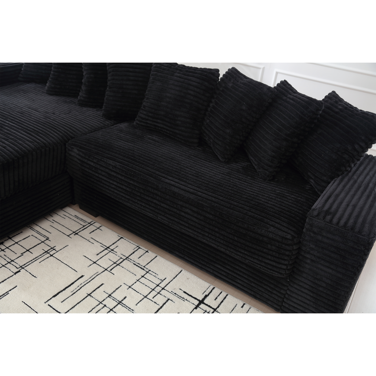Oversized Two-Piece Couches, L Shaped Sofa, Corduroy, Left Chaise Daybed,with Armrests,Eight Throw Pillows,Corner Sofa,Easy To Assemble, Black