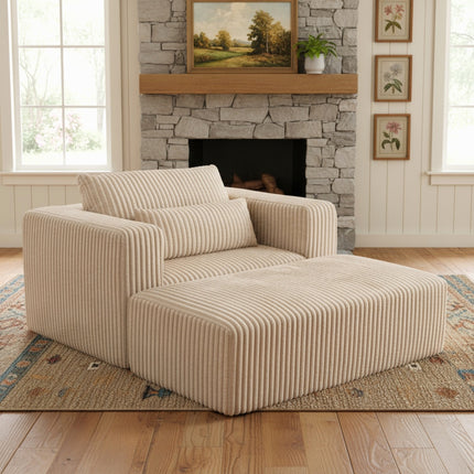 Oversized All-Foam Corduroy Lounge Chair with Ottoman, Modular Deep-Seat Floor Couch, Compressed Shipping & Easy Assembly, 50.98" W × 62.6" D × 23.62" H Chair-YKX-33010-Beige