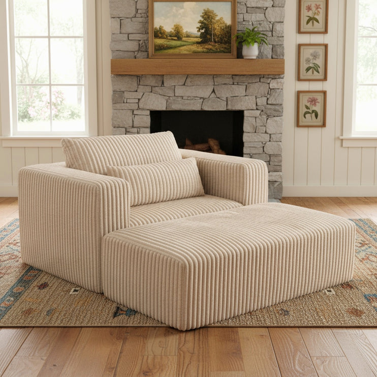 Oversized All-Foam Corduroy Lounge Chair with Ottoman, Modular Deep-Seat Floor Couch, Compressed Shipping & Easy Assembly, 50.98" W × 62.6" D × 23.62" H Chair-YKX-33010-Beige