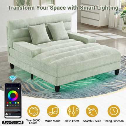 Modern Chaise Lounge Sofa 57.1" Sofa Bed Chenille Upholstered Lounge Sofa Chair with Adjustable Backrest and LED Light Strip for Living Room, Green