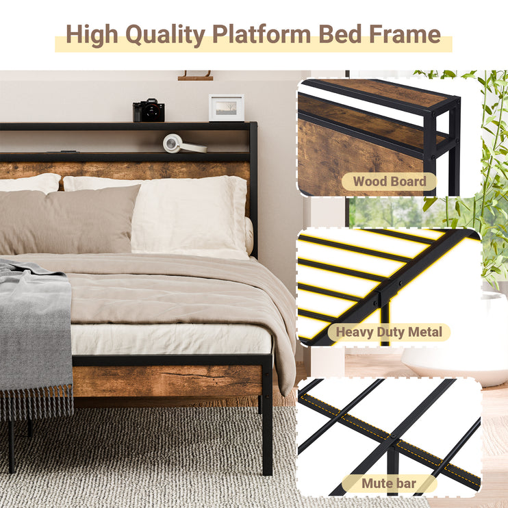 Full/ Queen/King Bed Frame with Charging Station & Headboard, Wooden & Metal Bed Frame