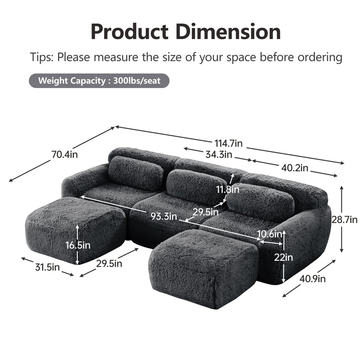 U-shaped Boneless Sofa 32D High Density Sponge Bottom Anti-Slip Design With Chaise Free Combination Full-compression Vacuum Packaging Deep Seat Design For Bedroom,Study,And Home Theater,Dark Grey