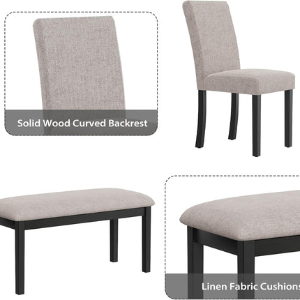 Zevemomo 6-Piece Wood Dining Table Set with Upholstered Chairs and Bench for Dining Room, Kitchen, Restaurant, Black & Grey