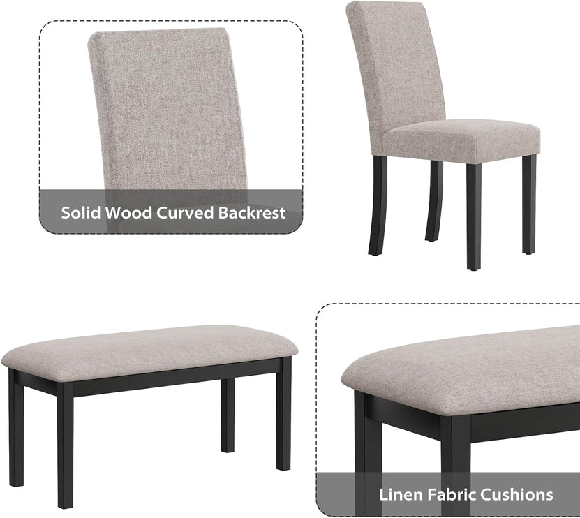 Zevemomo 6-Piece Wood Dining Table Set with Upholstered Chairs and Bench for Dining Room, Kitchen, Restaurant, Black & Grey