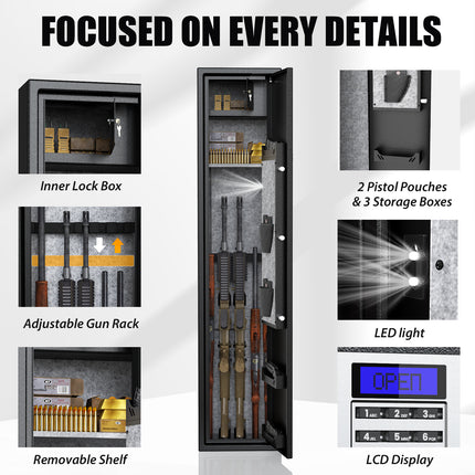 3-5 Gun Safe, Rifle Safes Long Gun Safe for Home, Quick & Easy Access Safes for Shotguns, Gun Cabinets for Home Rifle and Pistols with LCD Display & Adjustable Gun Rack