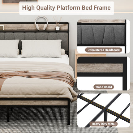 Full/Queen Bed Frame with Charging Station & Headboard, Wooden & Metal Bed Frame