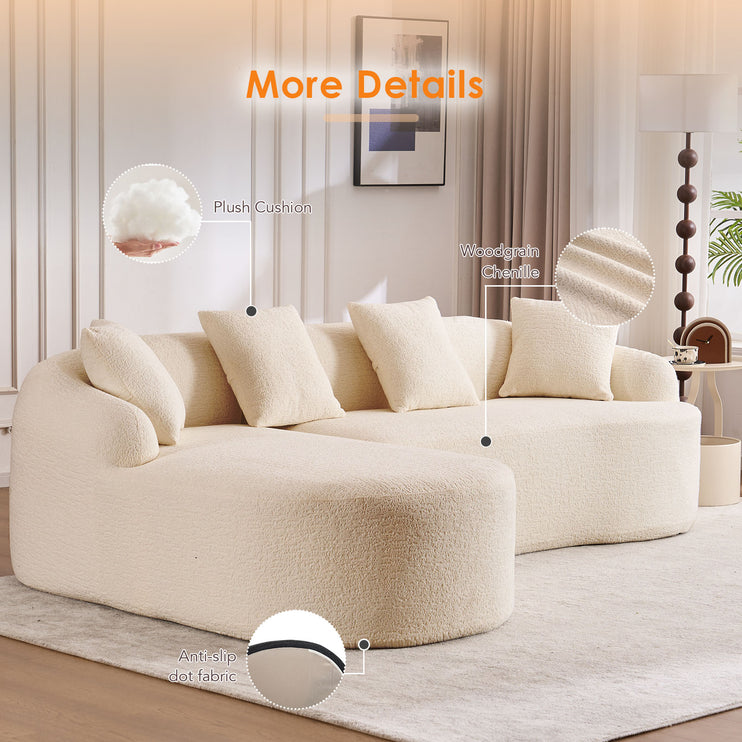 Boneless L-Shape Sectional Sofa with Curved Chaise,Beige White Modular Chenille Compression Couch,30D High-Density Foam,Minimalist Modular Couches Sleeper for Living Room Bedroom Apartment Lounge