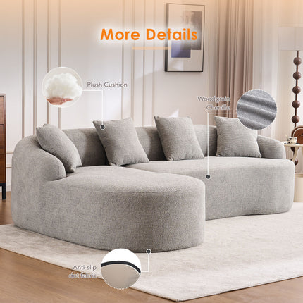 Boneless L-Shape Sectional Sofa with Curved Chaise,Grey Modular Chenille Compression Couch,30D High-Density Foam,Minimalist Modular Couches Sleeper for Living Room Bedroom Apartment Lounge