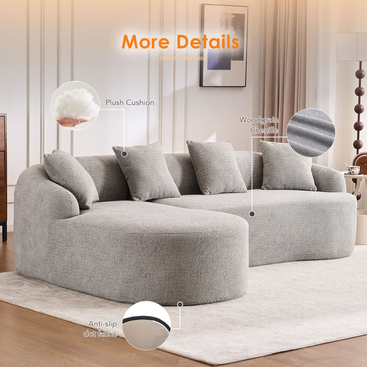 Boneless L-Shape Sectional Sofa with Curved Chaise,Grey Modular Chenille Compression Couch,30D High-Density Foam,Minimalist Modular Couches Sleeper for Living Room Bedroom Apartment Lounge