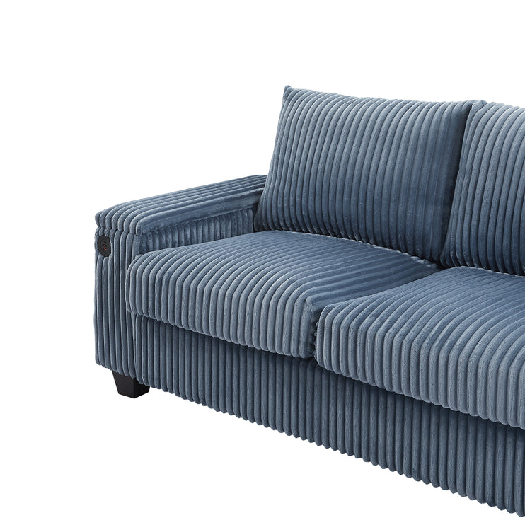 4-seater Corduroy Sofa Couch 133" Modern Sofa with USB Ports, Hidden Storage Arms, Flip-Top Cup Holders for Living Room, Blue