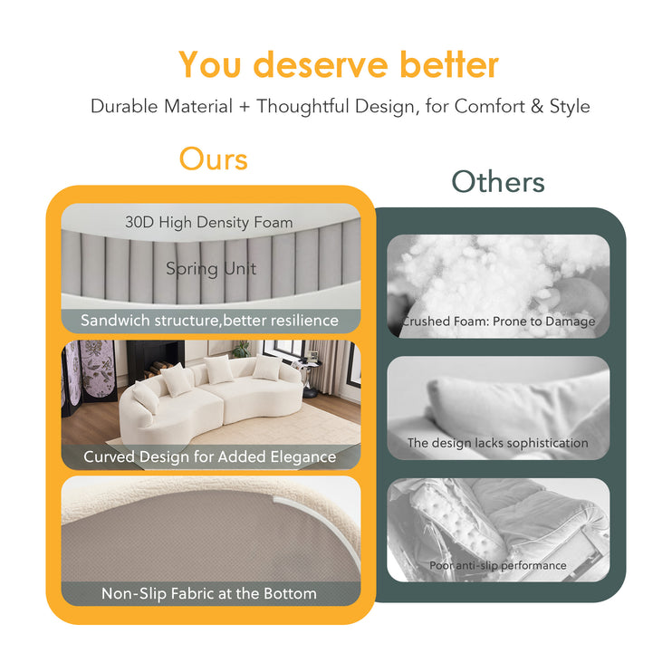 Curved Boneless Sofa,Compression Modular 110'' Sectional,White High-Density,Couches Sleeper for Living Room Bedroom Apartment Lounge,Chenille