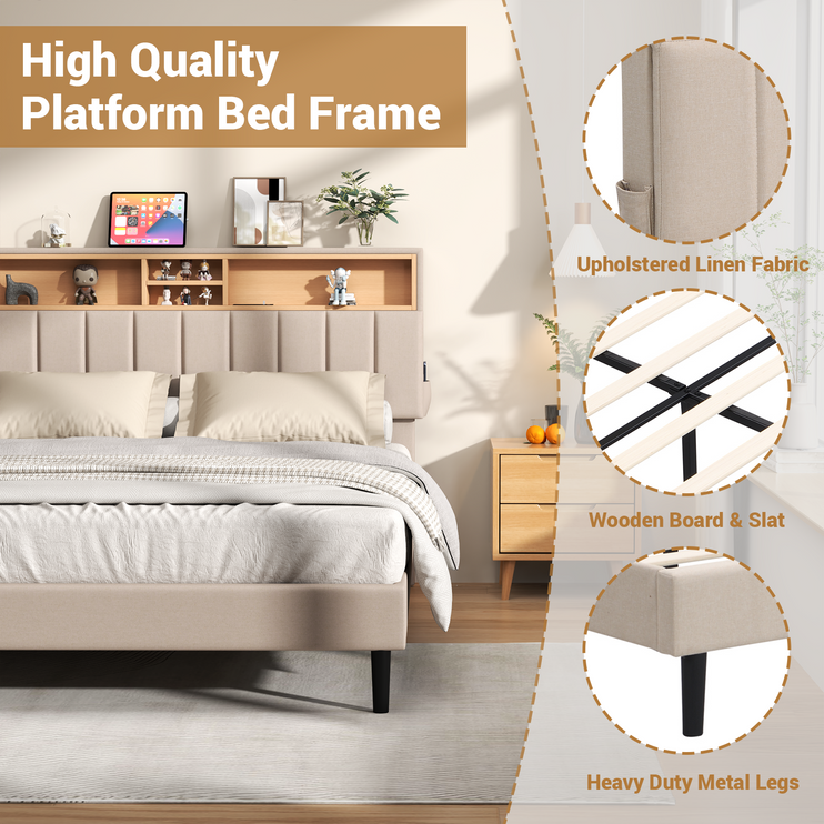 Full/Queen Upholstered Bed Frame with Charging Station & Hidden Storage Headboard, Wooden Bed Frame