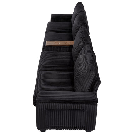 4-seater Corduroy Sofa Couch 133" Modern Sofa with USB Ports, Hidden Storage Arms, Flip-Top Cup Holders for Living Room, Black