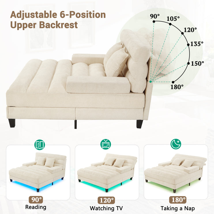 Modern Chaise Lounge Sofa 57.1" Sofa Bed Chenille Upholstered Lounge Sofa Chair with Adjustable Backrest and LED Light Strip for Living Room, Beige