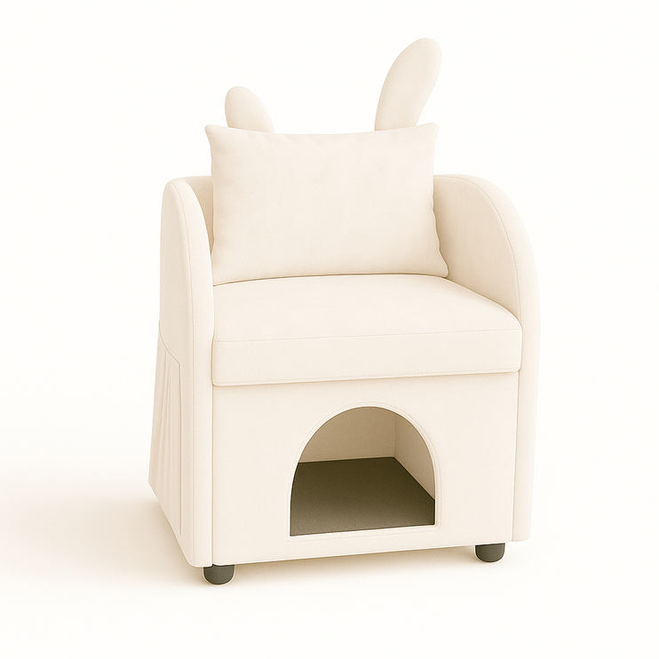 Beige Bunny-Ear Pet-Friendly Armchair with Built-in Cat & Dog Hideaway, Cozy Dual-Use Sofa Chair with Side Pocket, 27.4 x 25.2 x 37.4 inch