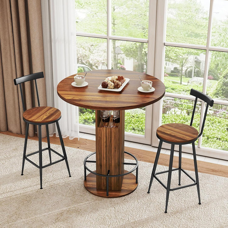 Zevemomo 3-Piece 31.5" Round Bar Table and Chairs Set for 2, Small Pub Dining Set with 2 Stools, Space Saving, Walnut