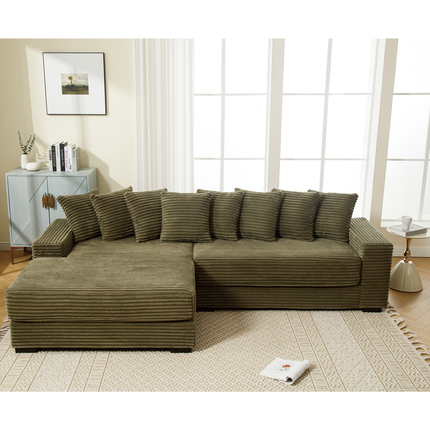 Oversized Two-Piece Couches, L Shaped Sofa, Corduroy, Left Chaise Daybed,with Armrests,Eight Throw Pillows,Corner Sofa,Easy To Assemble, Green
