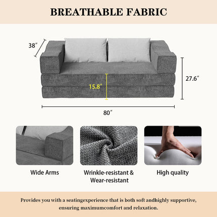80" Convertible Couch Bed with 2 Pillows, 3-Seat Folding Floor Couch & King Size Bed Mattress, DIY Combination,Chenille,GREY