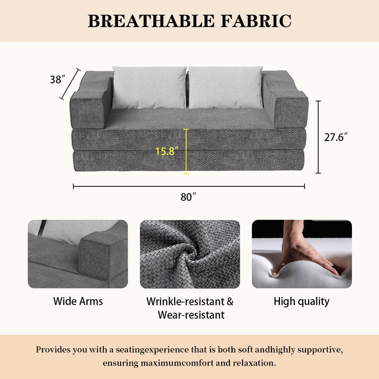 80" Convertible Couch Bed with 2 Pillows, 3-Seat Folding Floor Couch & King Size Bed Mattress, DIY Combination,Chenille,GREY