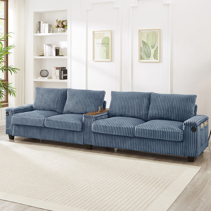 4-seater Corduroy Sofa Couch 133" Modern Sofa with USB Ports, Hidden Storage Arms, Flip-Top Cup Holders for Living Room, Blue