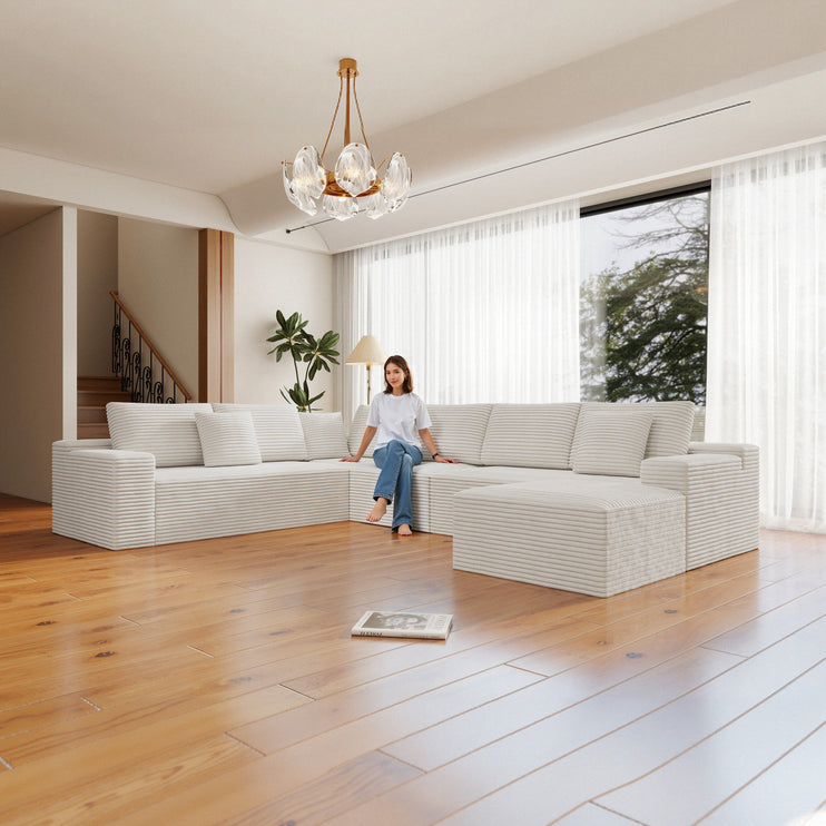 137.8*104.3"Modular sectional sofa seat,Upholstered compressed couch for living room,Bedroom,Apartment,No assembly required,4 PC free combination,Plush corduroy fabric,WHITE