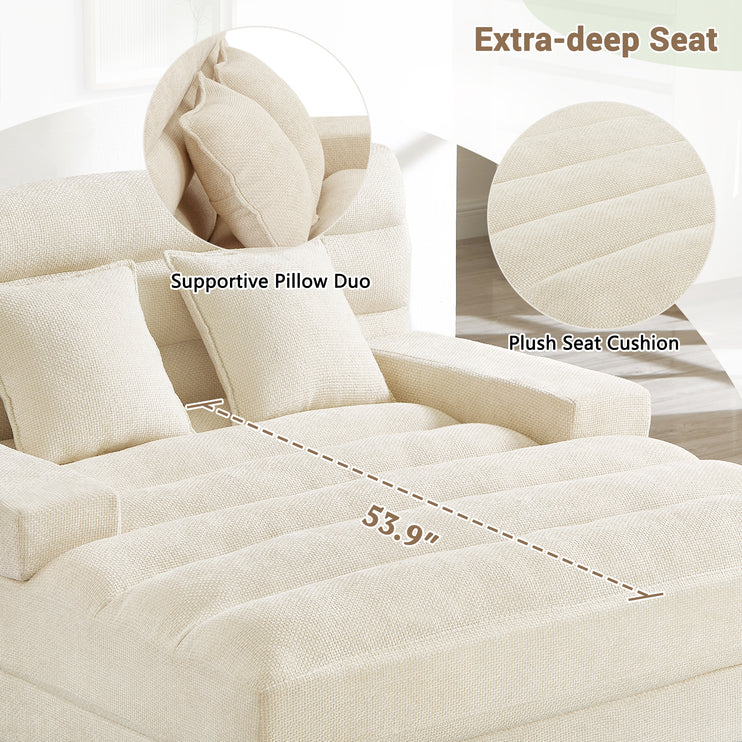 Modern Chaise Lounge Sofa 57.1" Sofa Bed Chenille Upholstered Lounge Sofa Chair with Adjustable Backrest and LED Light Strip for Living Room, Beige