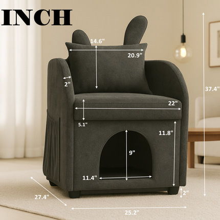 Dark Gray Bunny-Ear Pet-Friendly Armchair with Scratch-Resistant Fabric, Built-in Cat & Dog Hideaway, Dual-Use Sofa Chair with Side Pocket, 27.4 x 25.2 x 37.4 inch