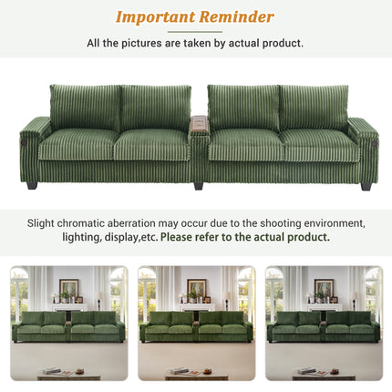 4-seater Corduroy Sofa Couch 133" Modern Sofa with USB Ports, Hidden Storage Arms, Flip-Top Cup Holders for Living Room, Green