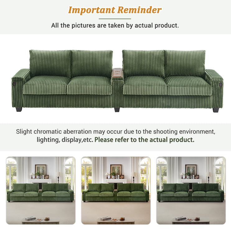 4-seater Corduroy Sofa Couch 133" Modern Sofa with USB Ports, Hidden Storage Arms, Flip-Top Cup Holders for Living Room, Green