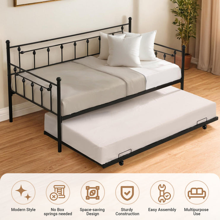 Twin Daybed with Trundle, Sofa Bed Frame for Kids Teens