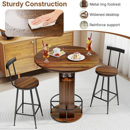 Zevemomo 3-Piece 31.5" Round Bar Table and Chairs Set for 2, Small Pub Dining Set with 2 Stools, Space Saving, Walnut