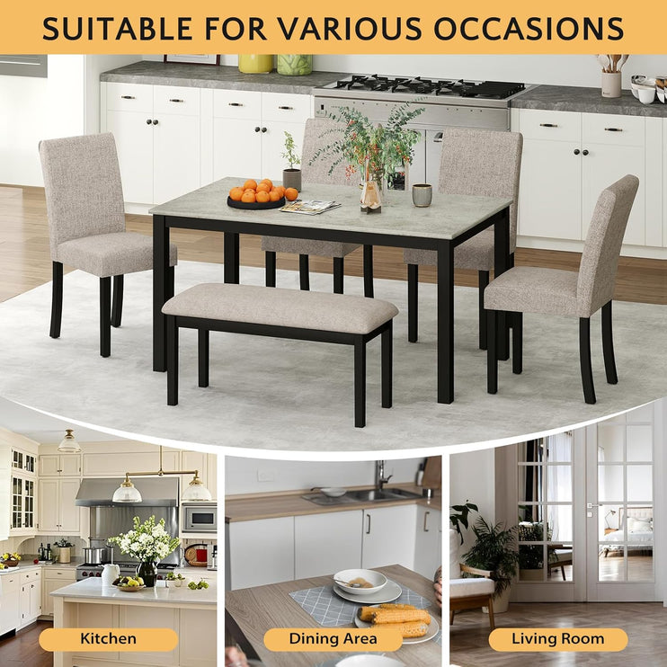 Zevemomo 6-Piece Wood Dining Table Set with Upholstered Chairs and Bench for Dining Room, Kitchen, Restaurant, Black & Grey