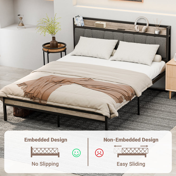 Full/Queen Bed Frame with Charging Station & Headboard, Wooden & Metal Bed Frame