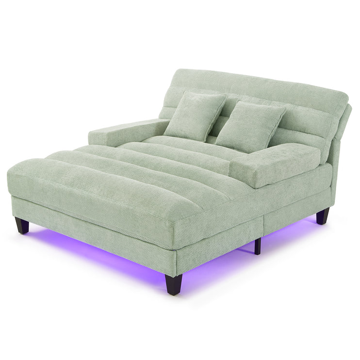 Modern Chaise Lounge Sofa 57.1" Sofa Bed Chenille Upholstered Lounge Sofa Chair with Adjustable Backrest and LED Light Strip for Living Room, Green