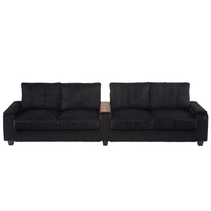 4-seater Corduroy Sofa Couch 133" Modern Sofa with USB Ports, Hidden Storage Arms, Flip-Top Cup Holders for Living Room, Black