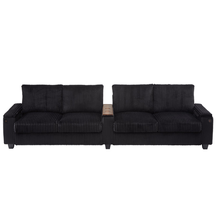 4-seater Corduroy Sofa Couch 133" Modern Sofa with USB Ports, Hidden Storage Arms, Flip-Top Cup Holders for Living Room, Black