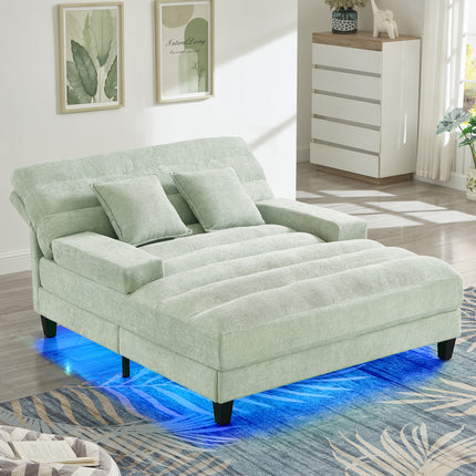 Modern Chaise Lounge Sofa 57.1" Sofa Bed Chenille Upholstered Lounge Sofa Chair with Adjustable Backrest and LED Light Strip for Living Room, Green