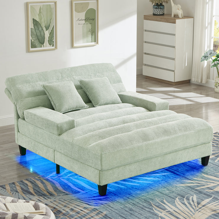 Modern Chaise Lounge Sofa 57.1" Sofa Bed Chenille Upholstered Lounge Sofa Chair with Adjustable Backrest and LED Light Strip for Living Room, Green