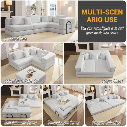 Oversized Upholstered Sectional Sofa Couch Set,Modular 118.2" L Shaped Floor Living Room Sofa Set With 6 Pillows,DIY Combination Sofa Couch for living rooms, apartments,bedrooms,Beige/White