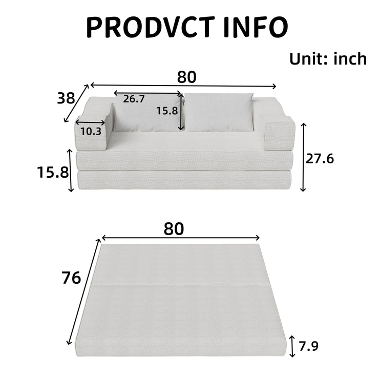 80" Convertible Couch Bed with 2 Pillows, 3-Seat Folding Floor Couch & King Size Bed Mattress, DIY Combination,Chenille,BEIGE/WHITE